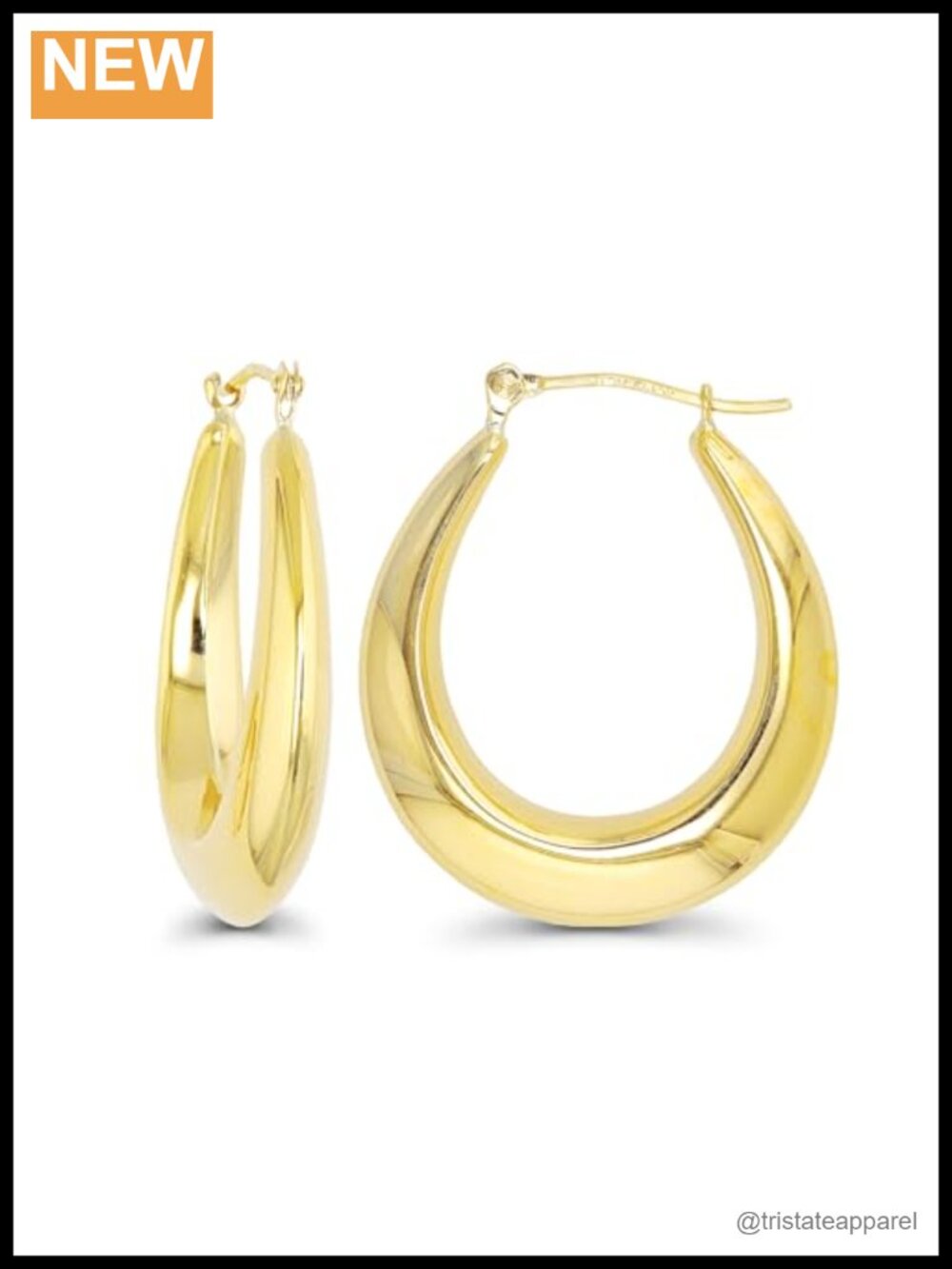 14K Solid Yellow Gold High Polished Oval Hoop Earrings Hinged Clasp